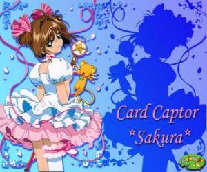 Puzzle Sakura, ο αιχμαλωτίζων κάρτα με ένα από τα φορέματά της δίπλα σε Kero